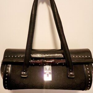 Authentic Gucci Monogram Bullet Satchel Handbag with Bamboo Accent & Dust Bag